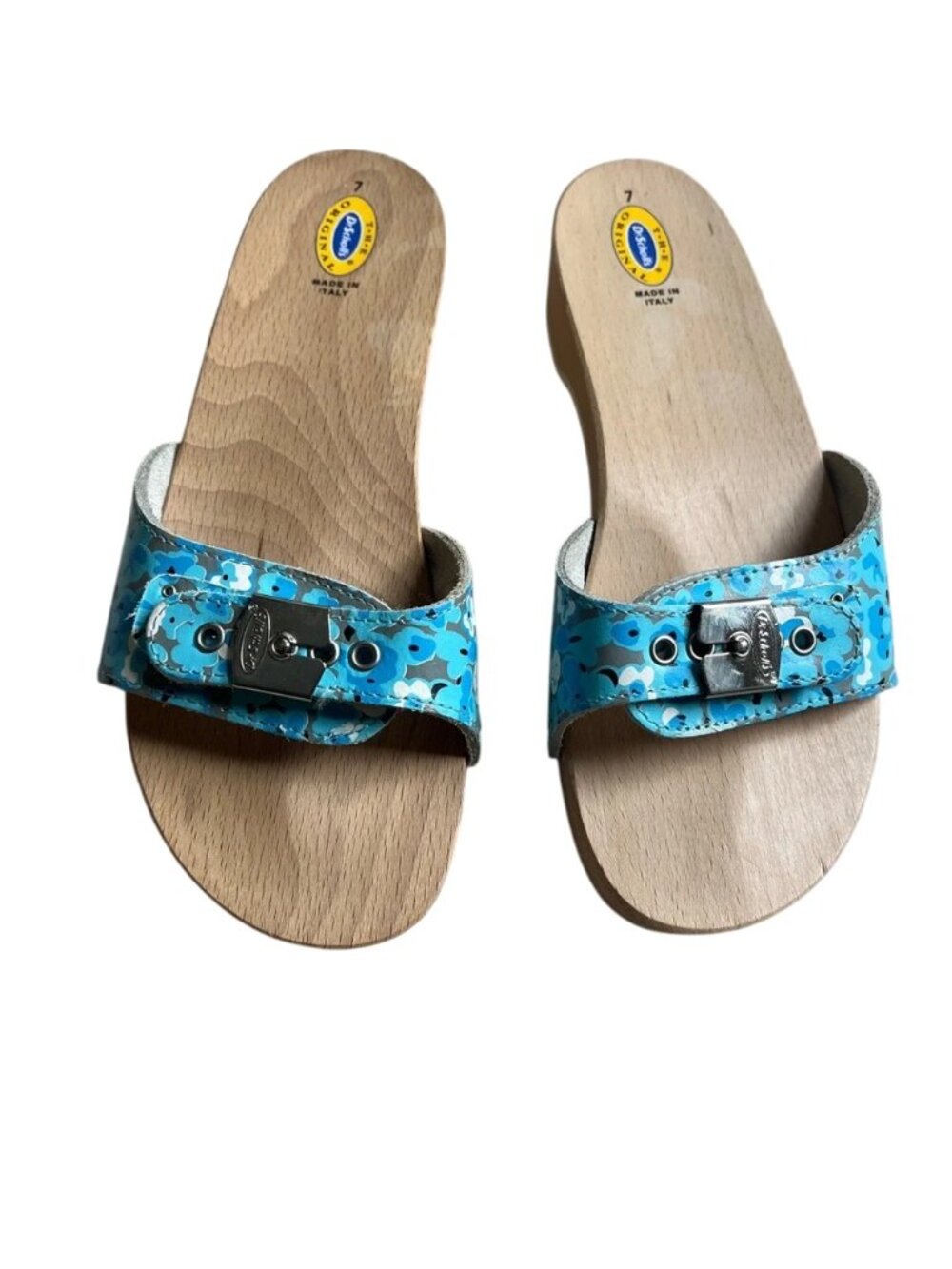 Dr Scholl's Turquoise Floral Single-Band Wooden Mules